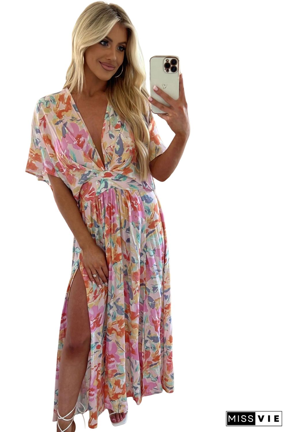 Multicolor Tropical Floral Print Ruched V Neck Maxi Dress