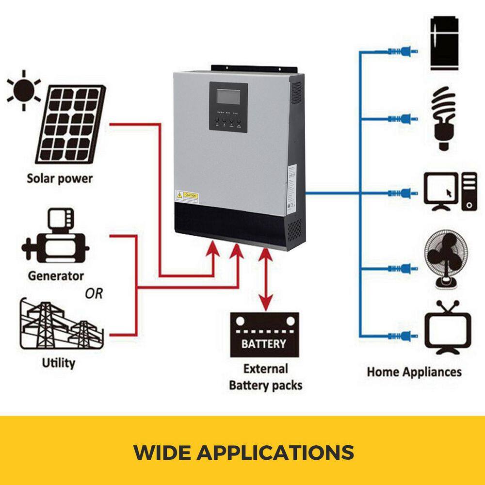 VEVOR Pure Sine Wave Power Inverter 3000-Watt Solar Grid Tie Converter Charger DC 25-Volt to AC 230-Volt with Utility Charger NBQ3KVA24VMPPTLW1V0