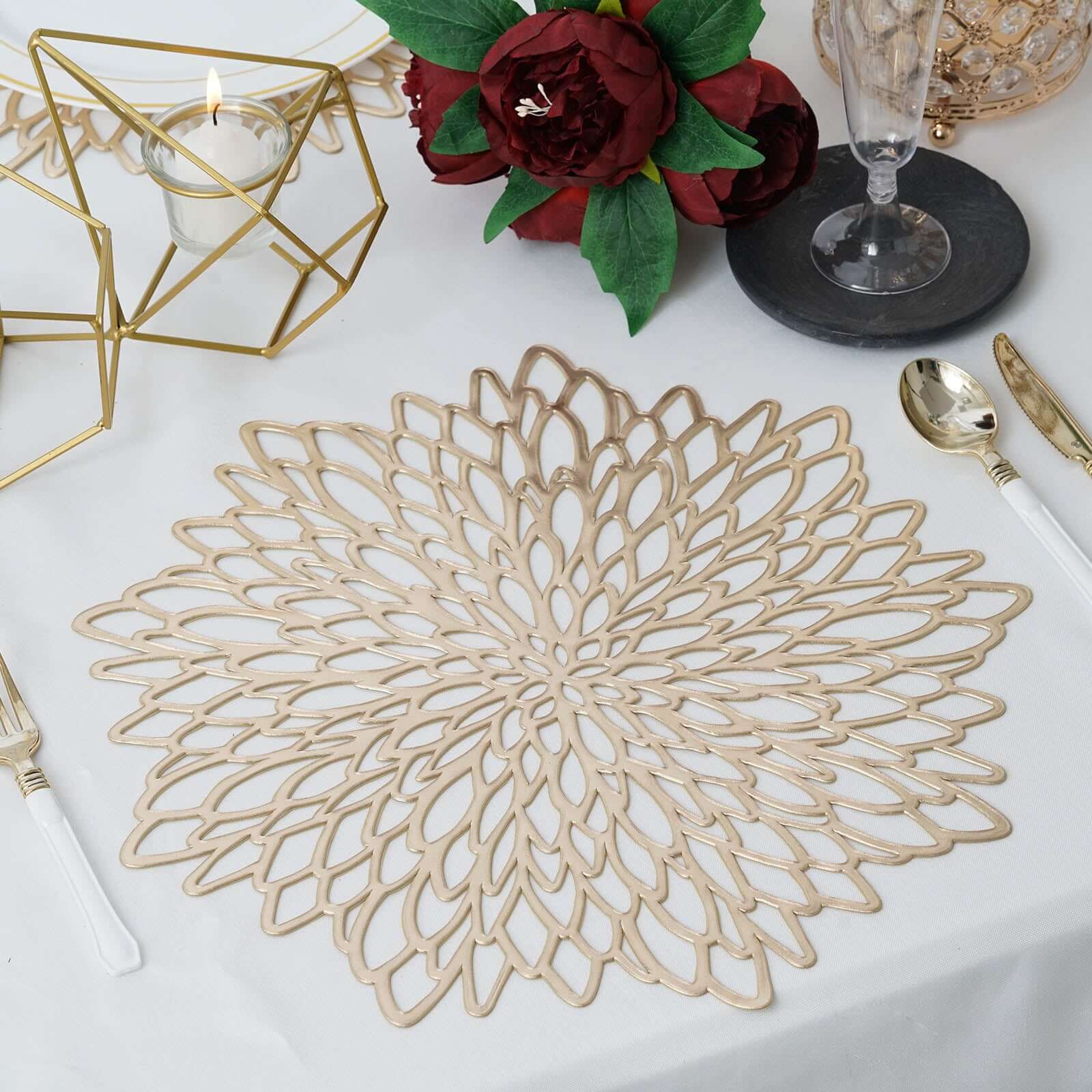 6 Pack Gold Decorative Floral Vinyl Placemats, Non-Slip Round Dining Table Mats 15