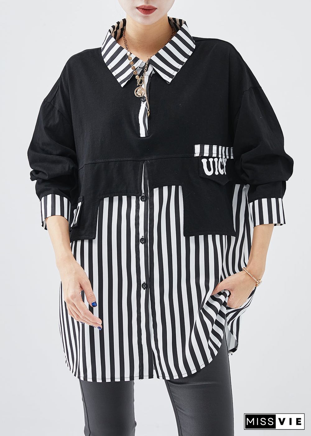 DIY Black Striped Patchwork Cotton Sweatshirt Streetwear Fall