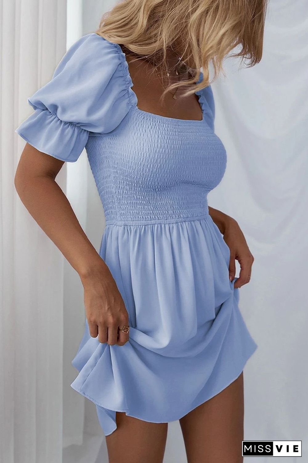 Square Collar Smocking Stitch A-line Dress Wholesale