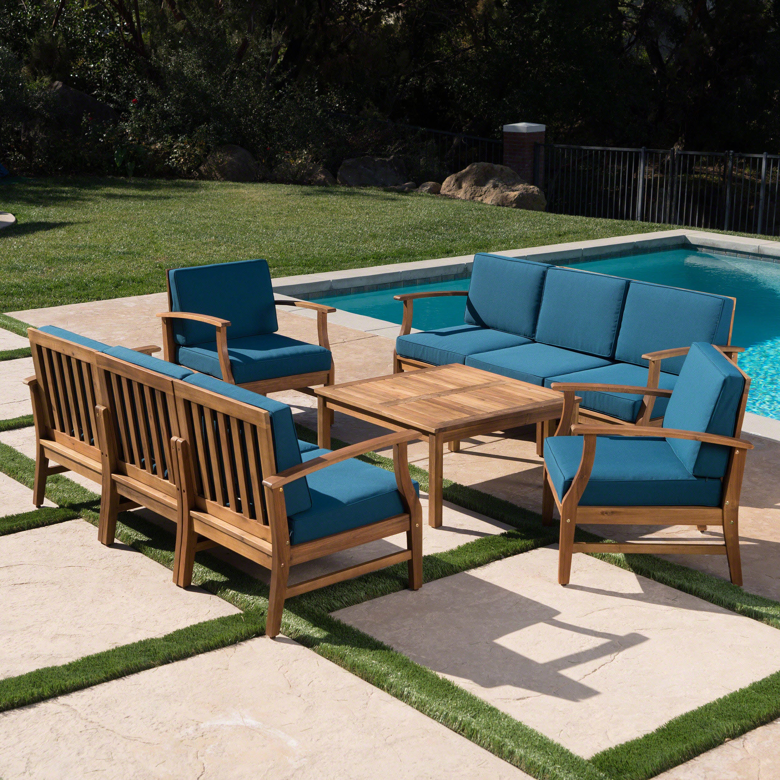 Scarlett Outdoor 8 Seat Teak Finished Acacia Wood Sofa and Table Set