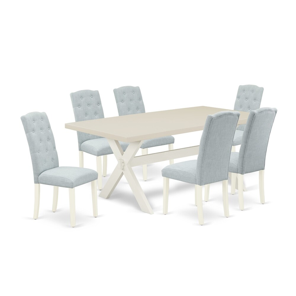 East West Furniture Table Set  a Table with X Legs and Baby Blue Linen Fabric Upholstered Chairs  Off White(Pieces Options)