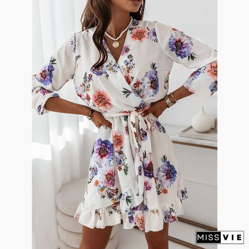 Fall Fashion Floral Print V-neck Long Sleeve Slim Mini Dress Ladies Elegant Vestidos