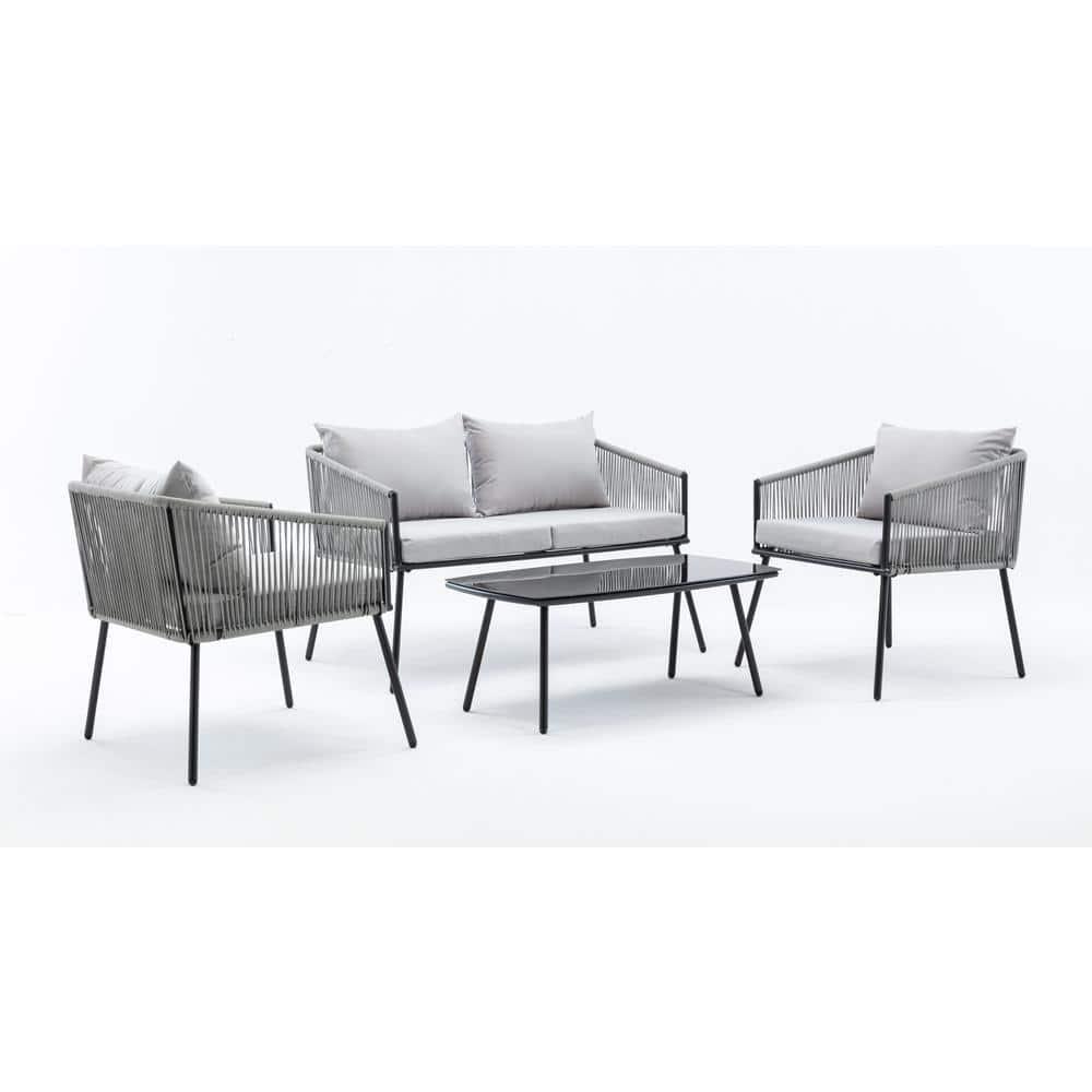 Uixe 4Piece Iron Outdoor Patio Conversation Set with Light gray Cushions