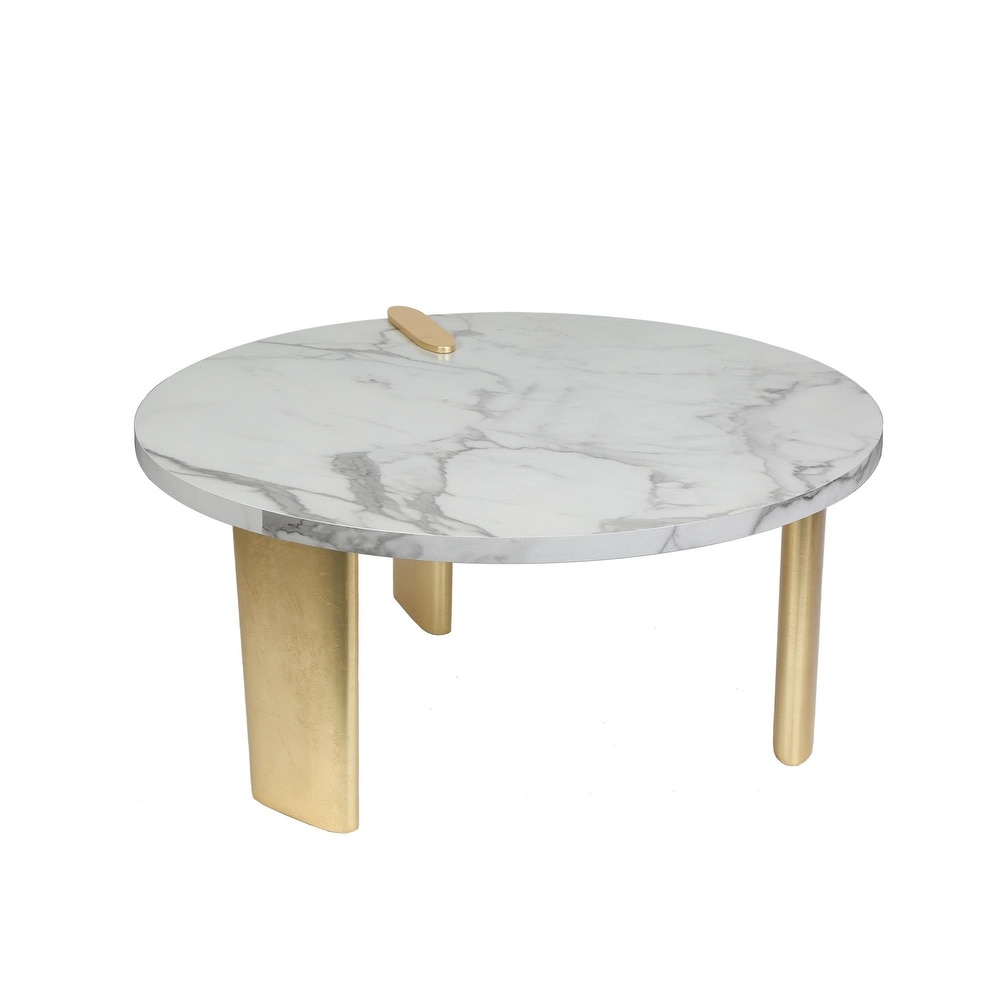 Modern Glam Round Coffee Table Golden Legs with White Faux Marble Veneer   37\