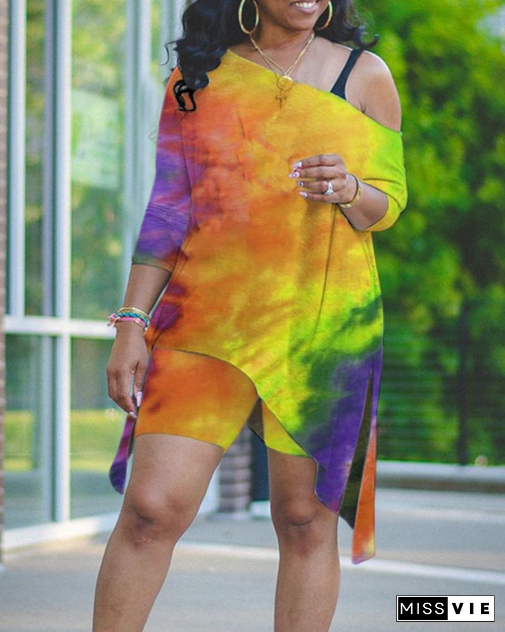 Tie Dye Slash Neck Asymmetrical Split Top & Shorts Set