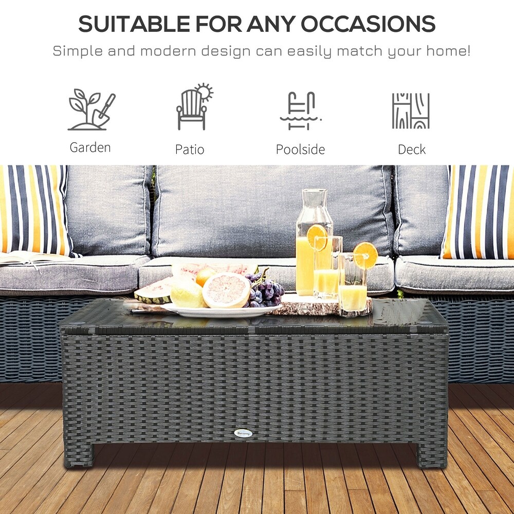 Outsunny Patio Coffee Table  Large Side Table  Hand Woven PE Rattan  Weather Resistant Wicker  Outdoor Furniture