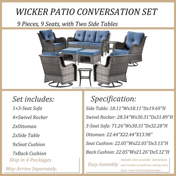 Wicker Patio Furniture Conversation Set with High Back Swivel Chairs and Storage Ottomans，Cushions Included🎃