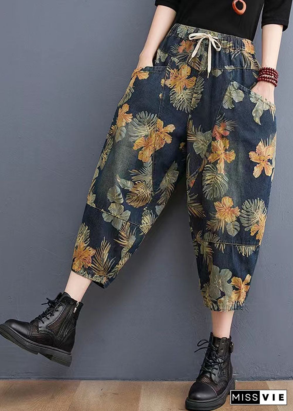 French Navy elastic waist drawstring pockets Print Denim Pants Spring