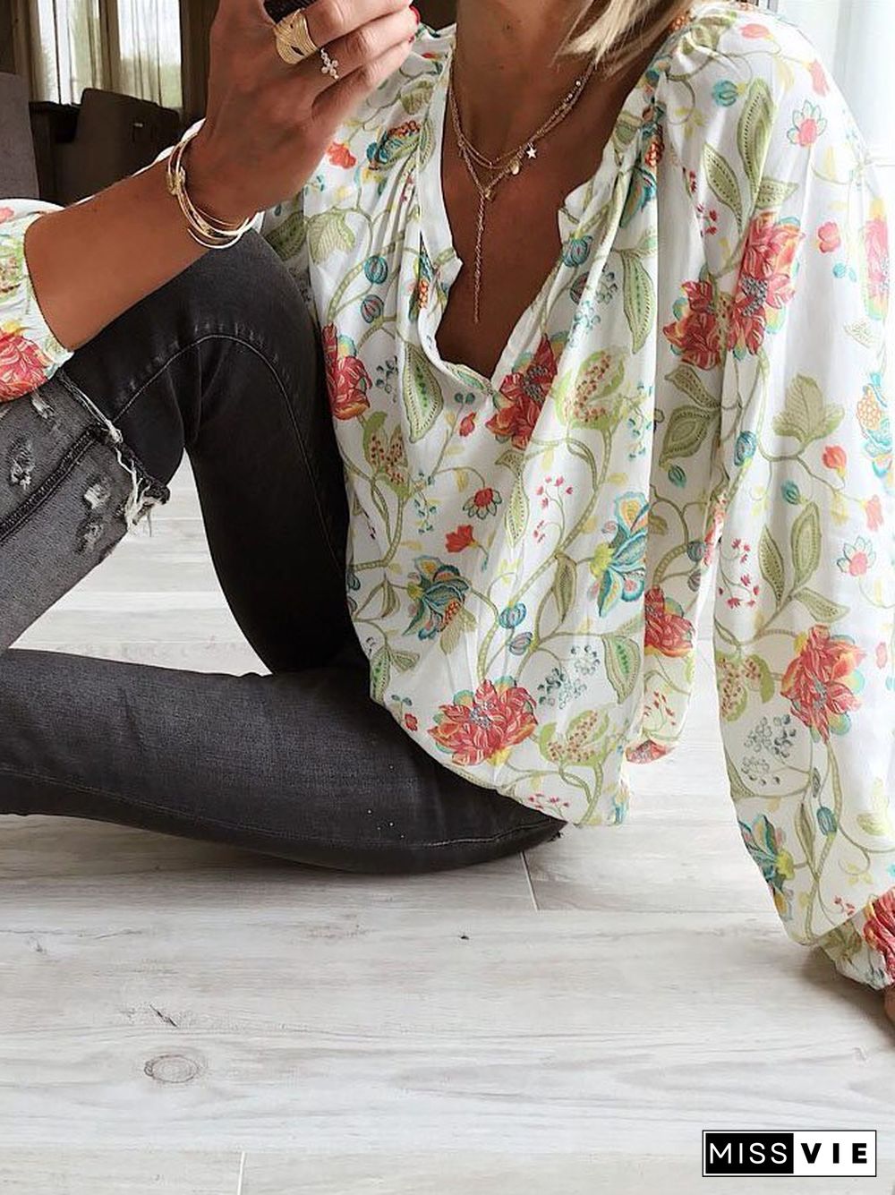 Floral-Print V Neck Long Sleeve Tops