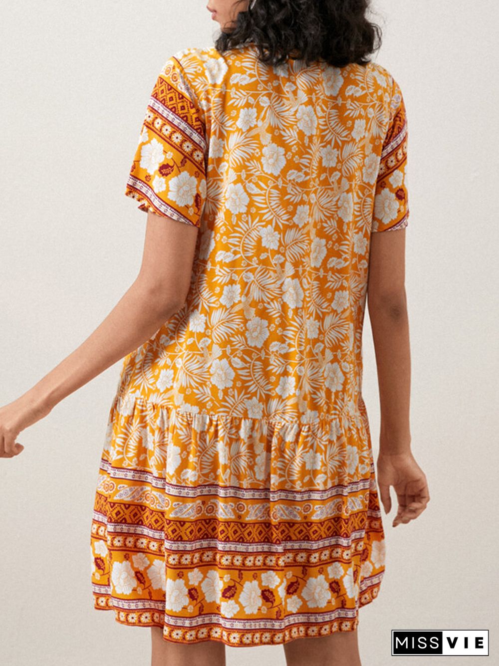 Floral Print High Waist V-neck Short Sleeve Bohemian Dress