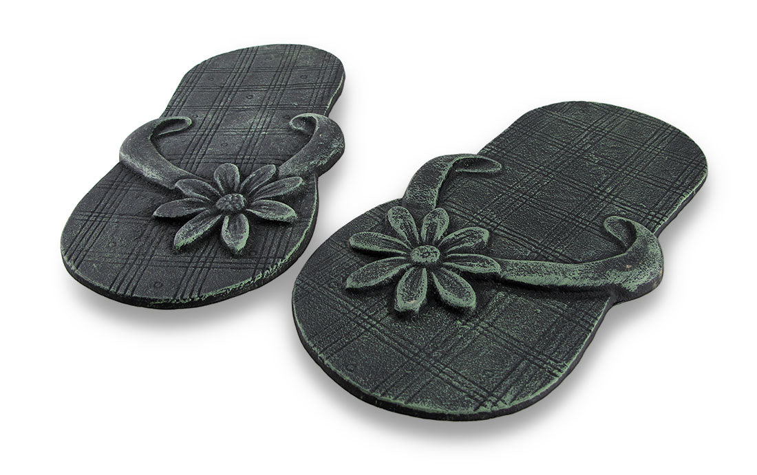 Zeckos Pair of Cast Iron Flip Flop Stepping Stones Verdigris Finish