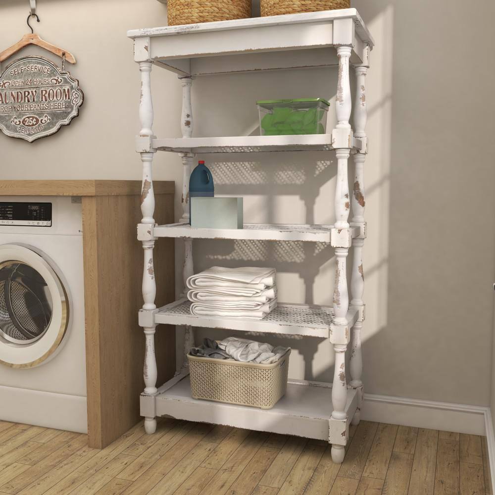 Litton Lane 5 Shelf Wood Stationary White Distressed Open Shelving Unit with Spindle Sides and Mesh 44419