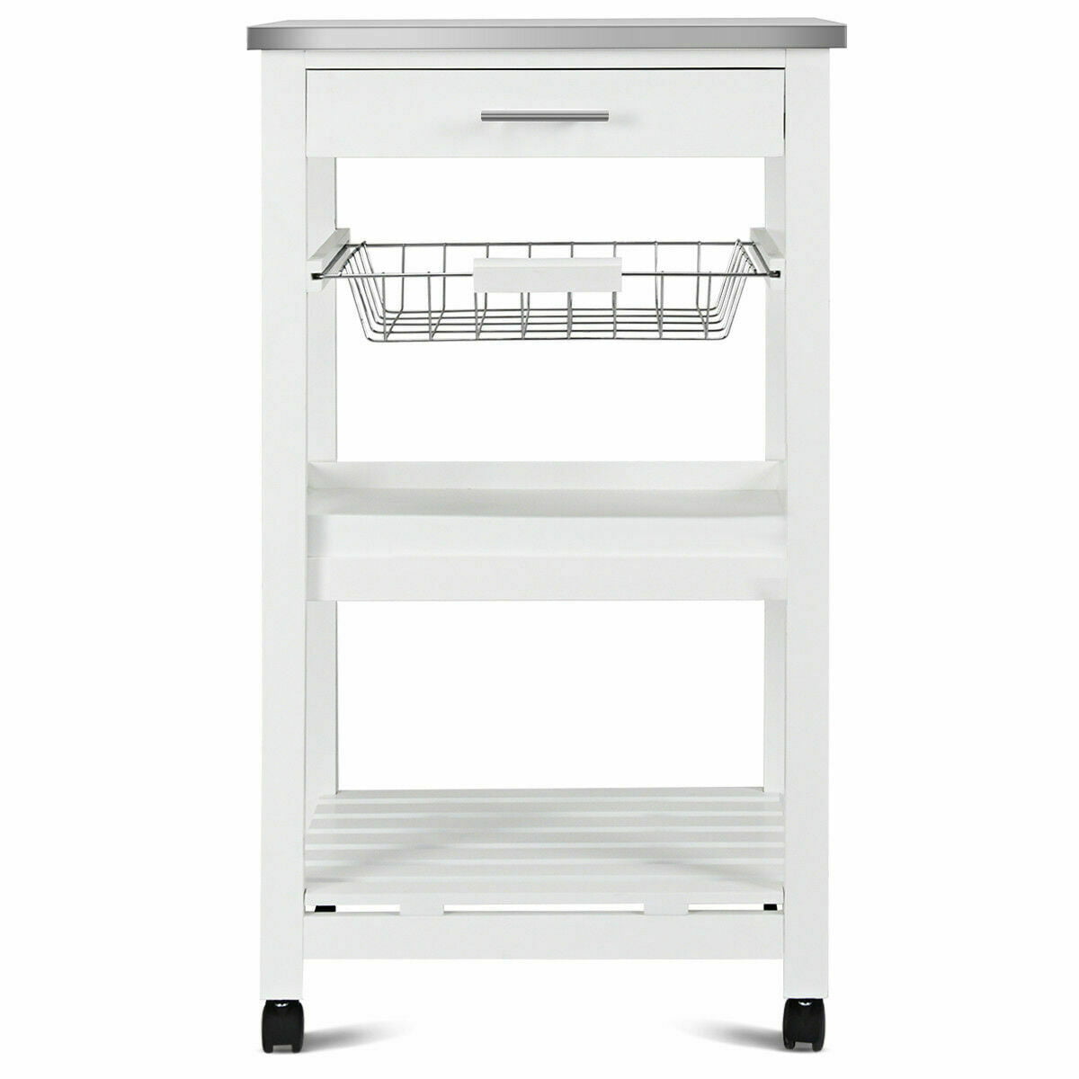 Costway Rolling Kitchen Trolley Cart Steel White Top Removable Tray W/Storage Basket andDrawers