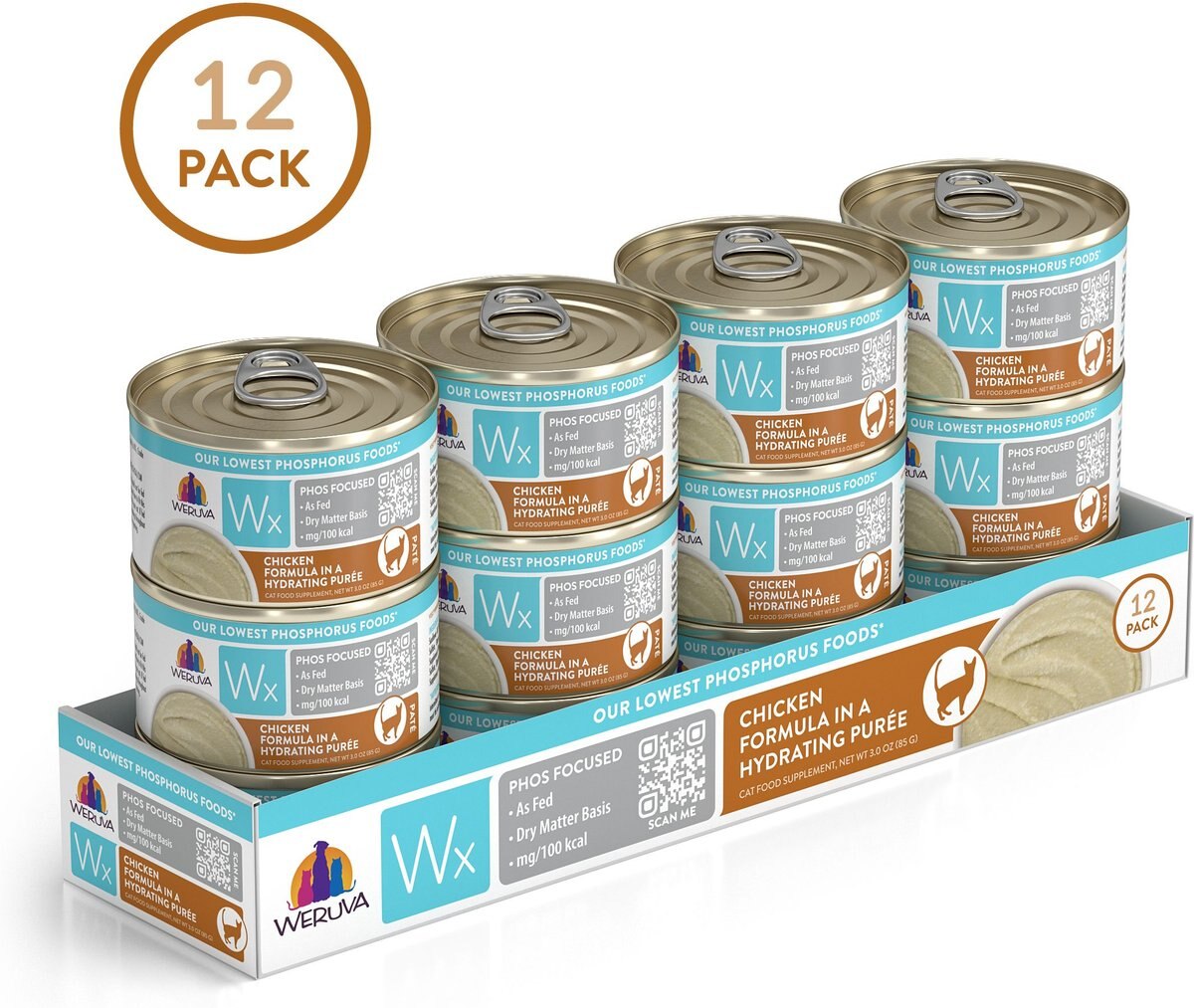 Weruva Wx Phos Focused Chicken Formula Grain-Free Puree Wet Cat Food， 3-oz can， case of 12