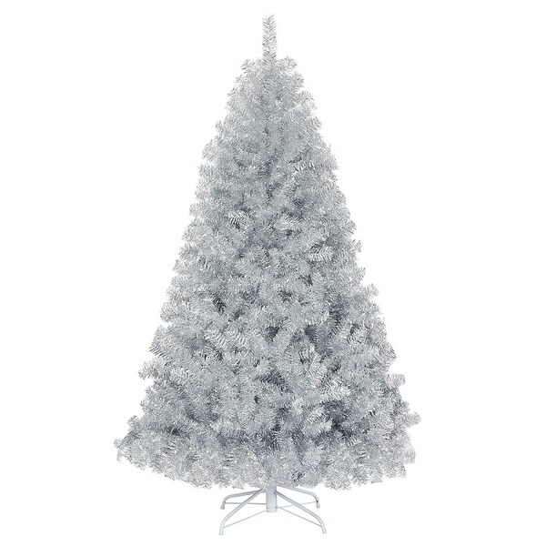 6ft Hinged Unlit Artificial Silver Tinsel Christmas Tree Holiday with Metal Stand