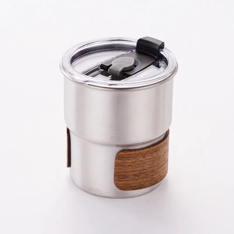 Stocked Custom Logo Color Coffee 300 ml Wooden Sleeve Camping Wine Cup Stainless steel Cups For Camp