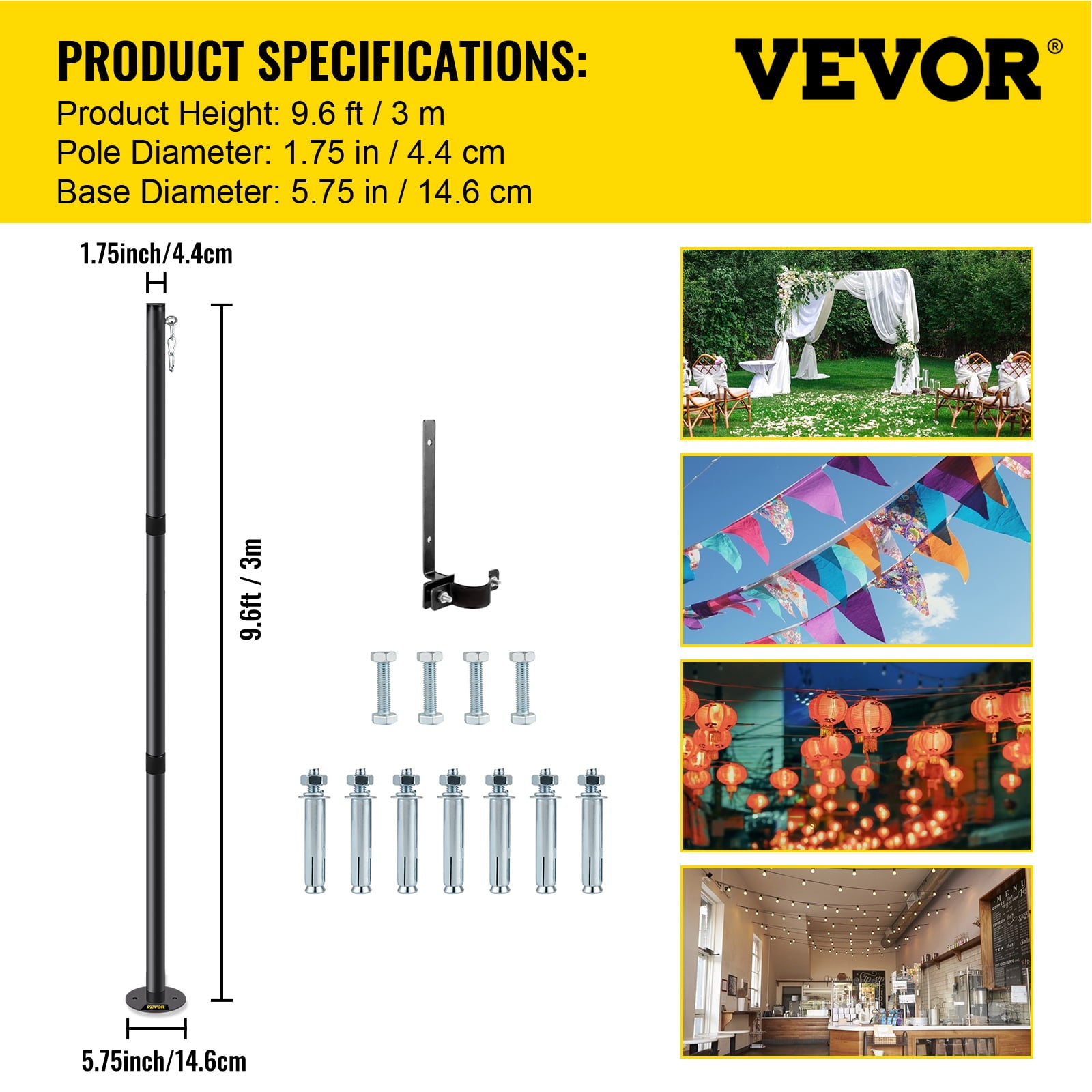 VEVOR String Light Pole, 9.6ft Light String Pole, 1.75in Patio Light Pole, Powder Coated Steel String Light Pole Stand for Outdoor, Metal String Poles with A Clamp Used for Yard, Patio, Wedding, Party