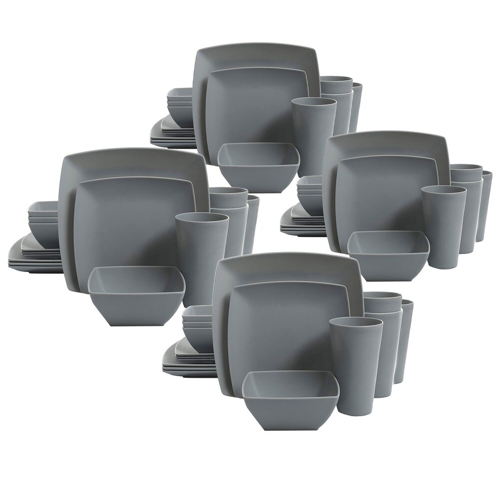 Gibson Home 16pc Square Melamine Dinnerware Plates  Bowls    Cups  Grey (4 Pack)