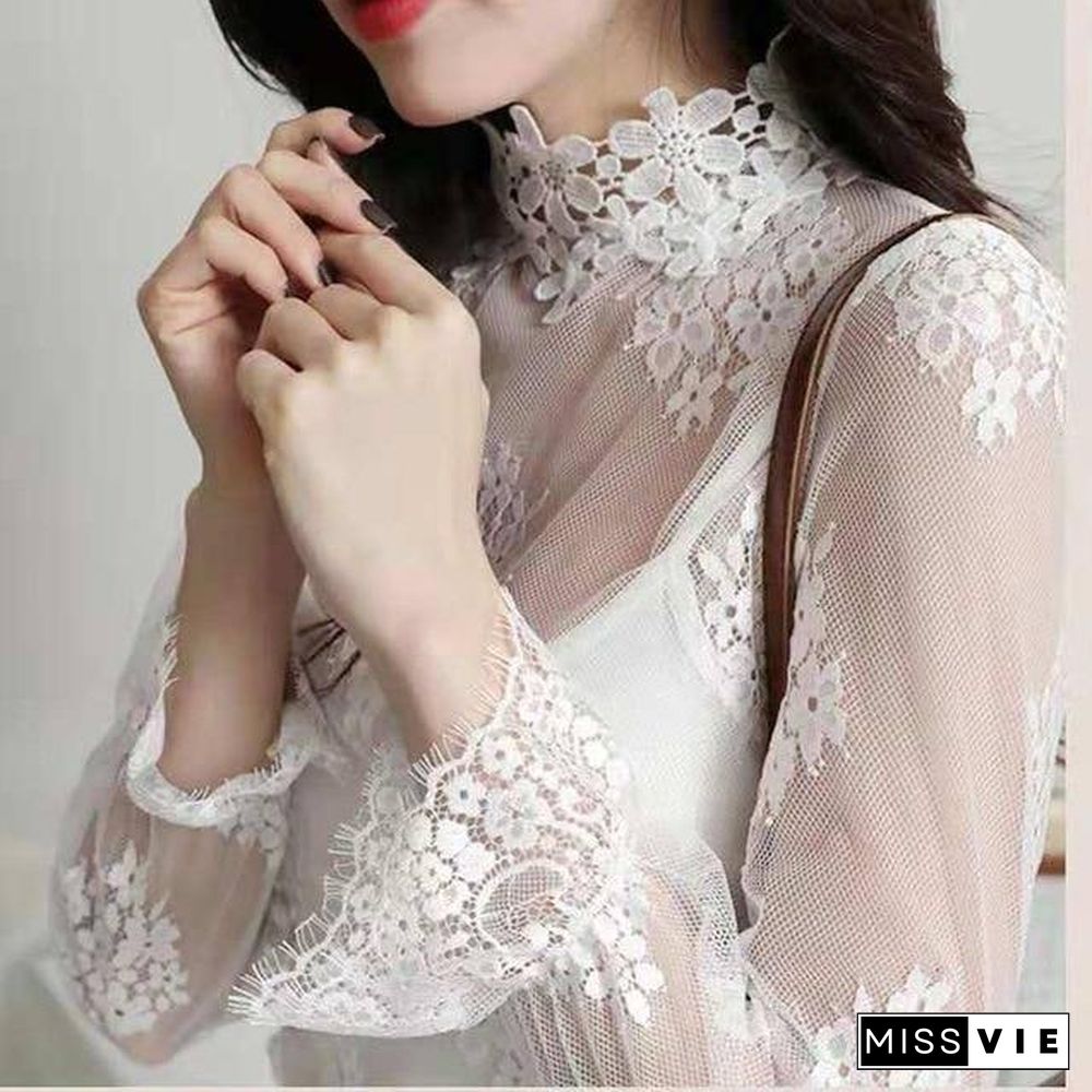 New Transparent Korean Loose Women Lace Blouse 3 Colors Female Bottoming Blouses Plus Size Cheaper Tops