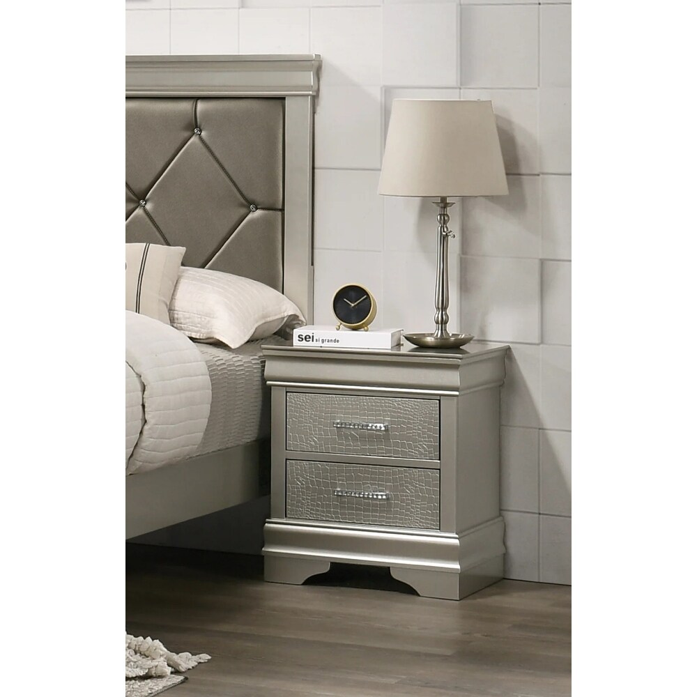 Modern Glam 2 Faux Embossed Crocodile Pattern Drawers Nightstand Champagne Finish Solid Wood Bedside Table Accent Table