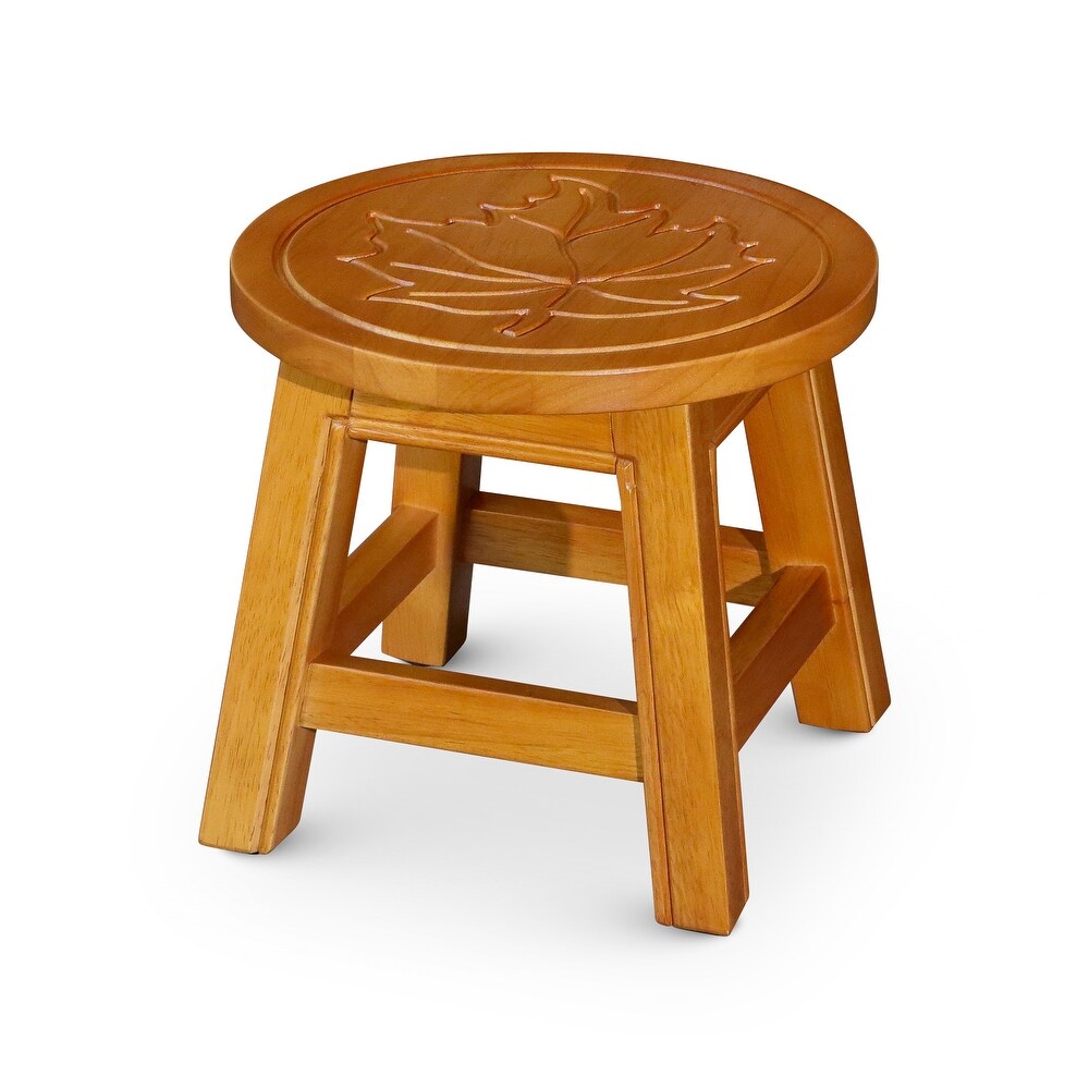 Rubberwood Foot Rest Stool Carved Maple Leaf Step Stool Short Ottoman Stool Coffee Table Stool for Dining Room Living Room