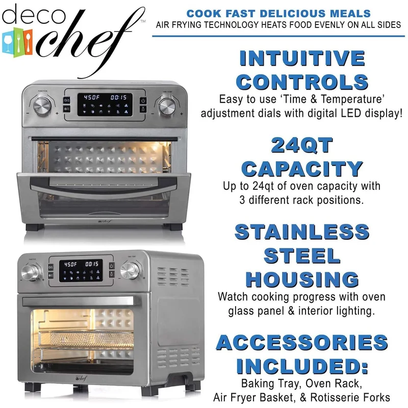 Deco Chef DGTQAIRSTS 24 QT Stainless Steel Countertop 1700 Watt Toaster Oven with Built-in Air Fryer and Included Rotisserie Assembly， Grill Rack， Frying Basket， and Baking Pan