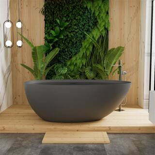 INSTER JUNO 67 in. Solid Surface Stone Resin Egg Shape Flatbottom Bathtub in Matte Cement Grey HDPCYNBT0004