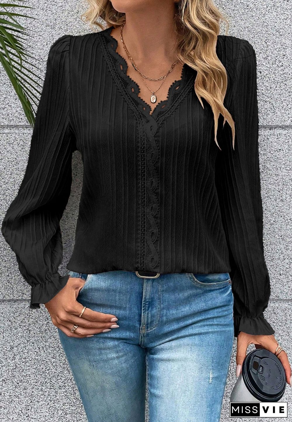 Crochet Lace Trim Textured Blouse