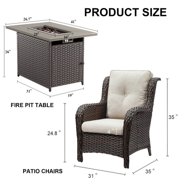 3 Pieces Outdoor Rattan Chair with Fire Pit Table