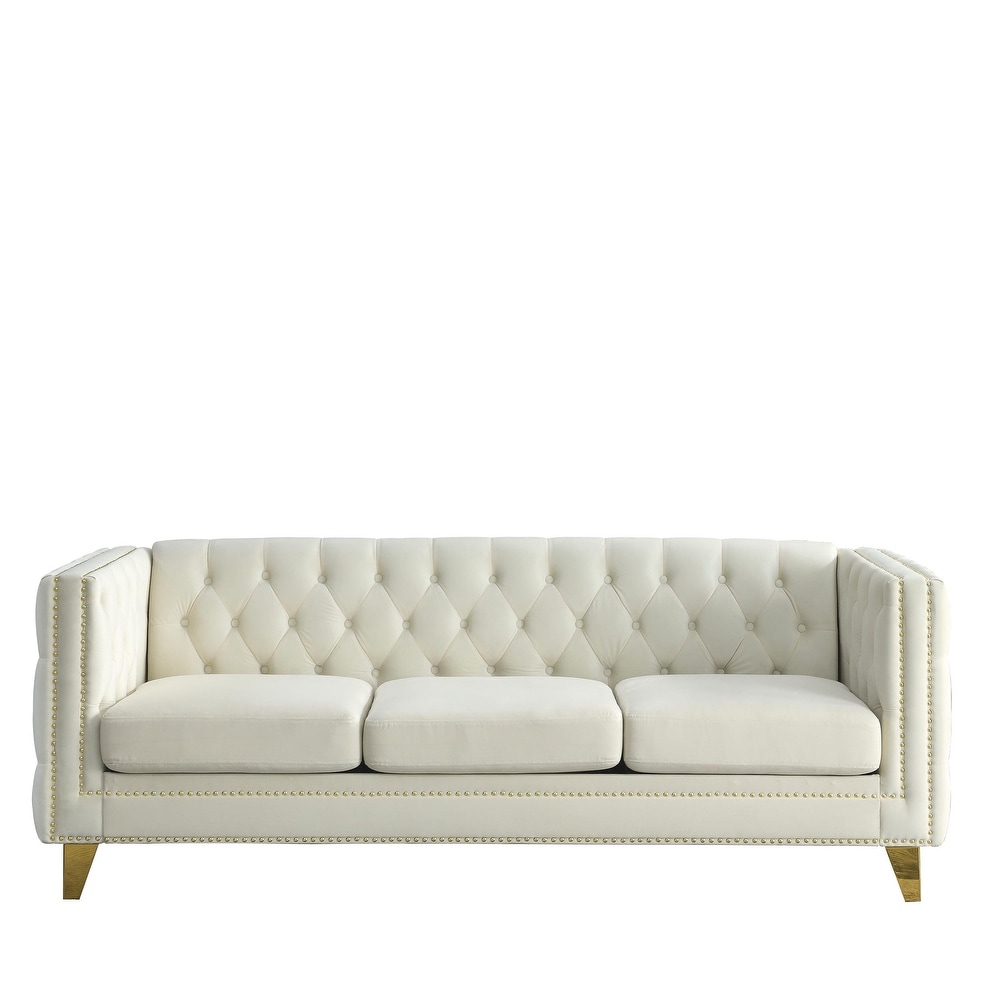 Buttons Tufted Square Arm Couch Set  Velvet Upholstered Sofa with Removable Cushion and Metal Legs for Living Room