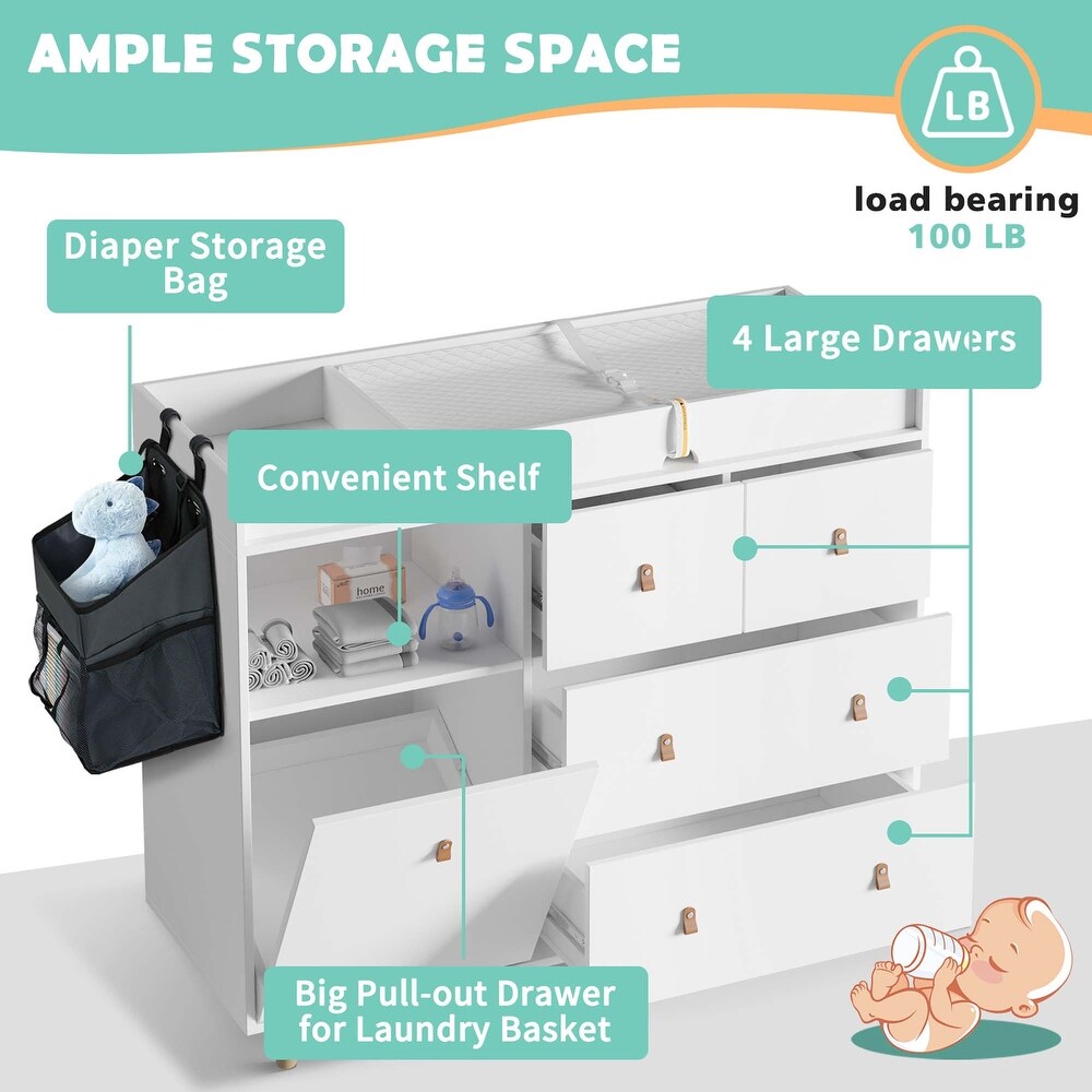 Wood Nursery Baby Dresser White Bedroom Dresser with 5 Drawers 38\