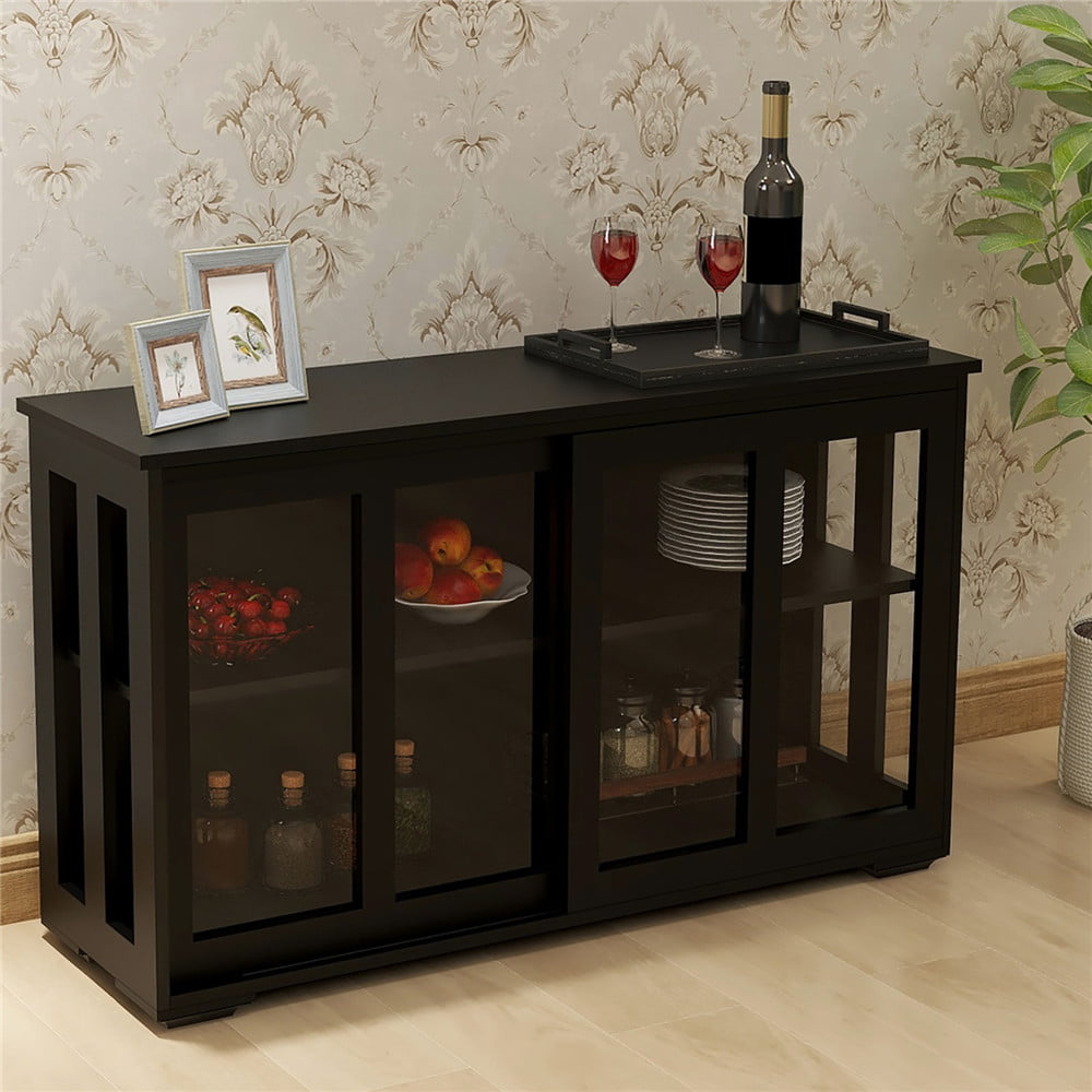 Visentor 42 Inch Kitchen Storage Cupboard, Dining Room Storage Cabinet with Glass Door, Sideboard Buffet Table, Black