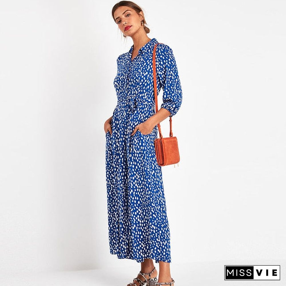 Aachoae Vintage Floral Print Maxi Dress Women Boho Three Quarter Sleeve Long Dress Turn Down Collar Casual Shirt Dresses Robe