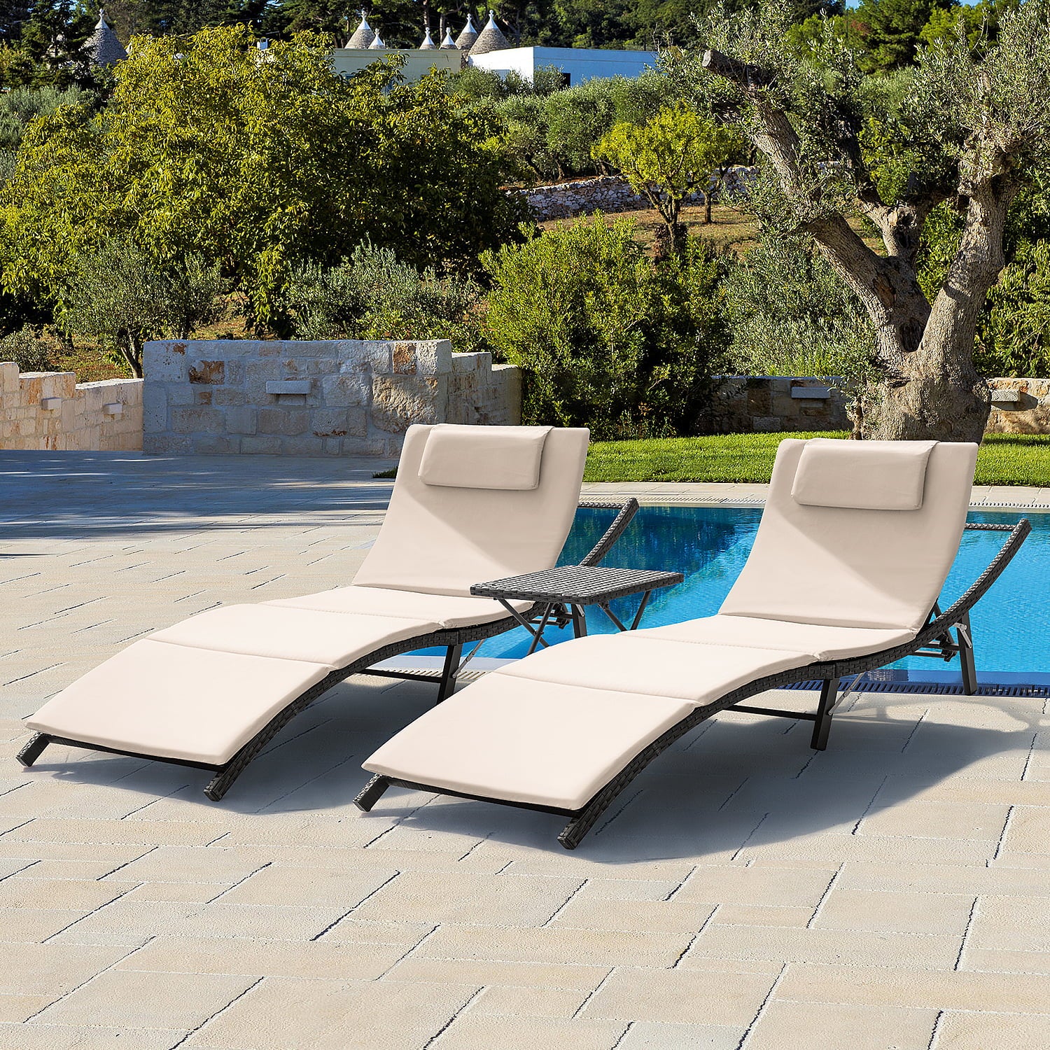 Devoko 3 Pieces Patio Outdoor Chaise Lounge Chair Clearance Outdoor Furniture Set PE Rattan Adjustable Folding Pool Lounge Chair , Beige