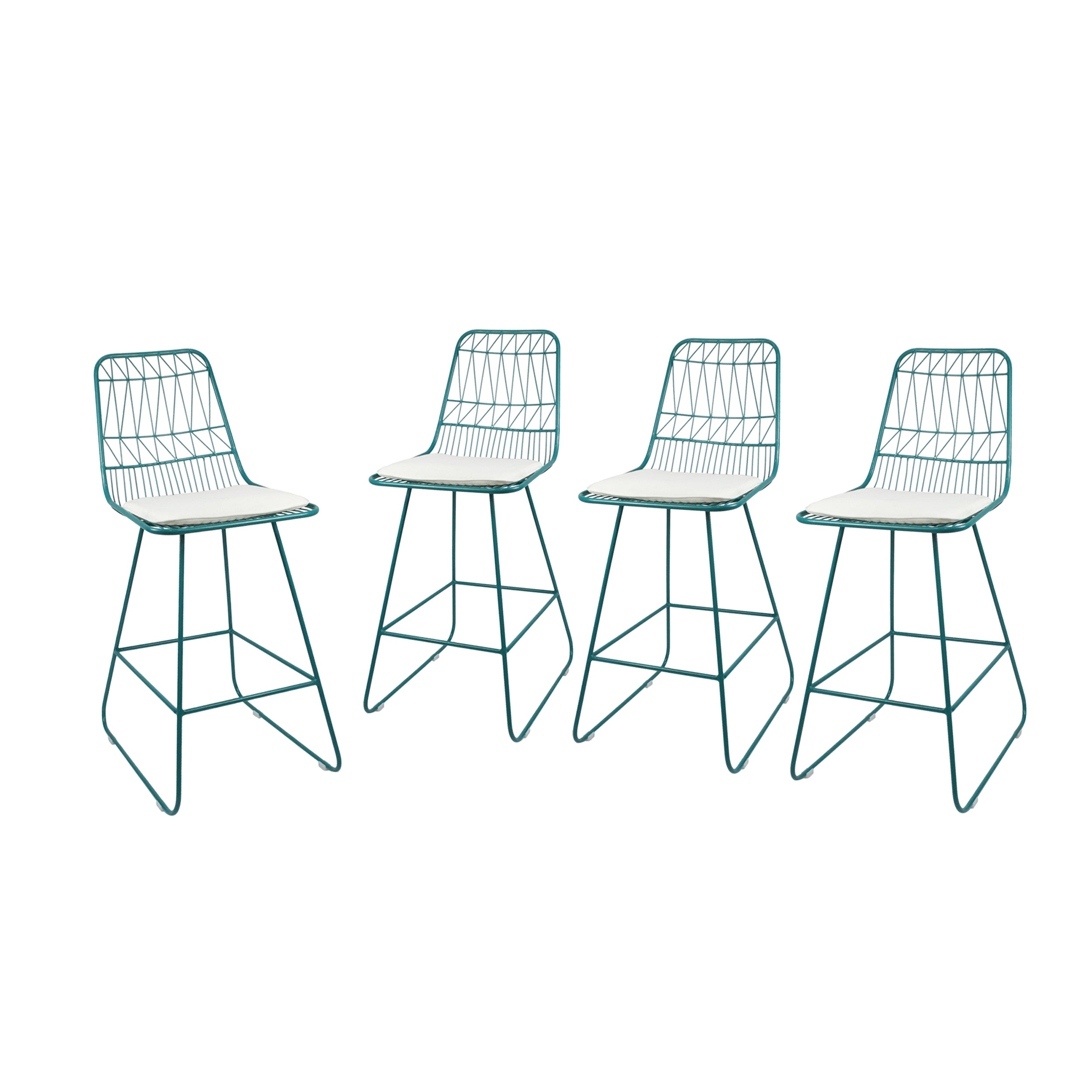 Ella Outdoor Wire Counter Stools with Cushions (Set of 4), Teal and Ivory