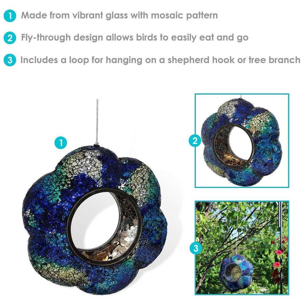 Outdoor Hanging Bird Feeder Indigo Glass Flower Fly Through   9\