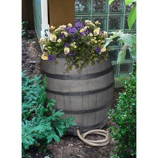 RESCUE 50 Gal. Gray Flat Back Whiskey Rain Barrel with Integrated Planter and Diverter System with Black Accent Bands 2244-1