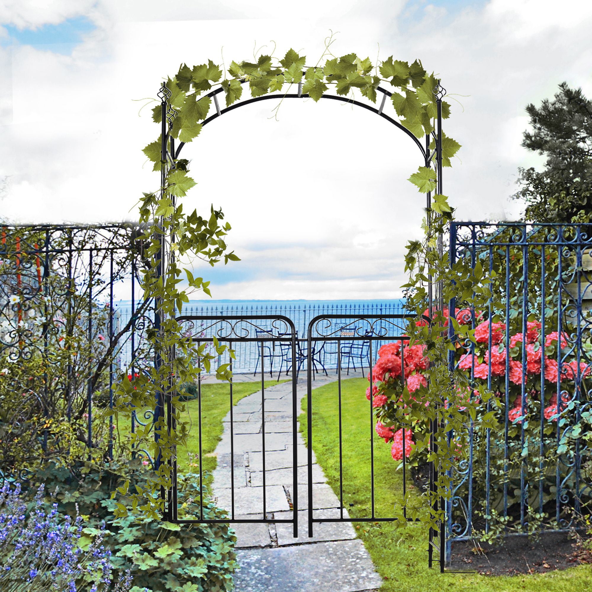 Garden Arch 7' Steel Arbor Arch with Scrollwork Doors for Wedding Ceremoney Party for Lawn, Backyard