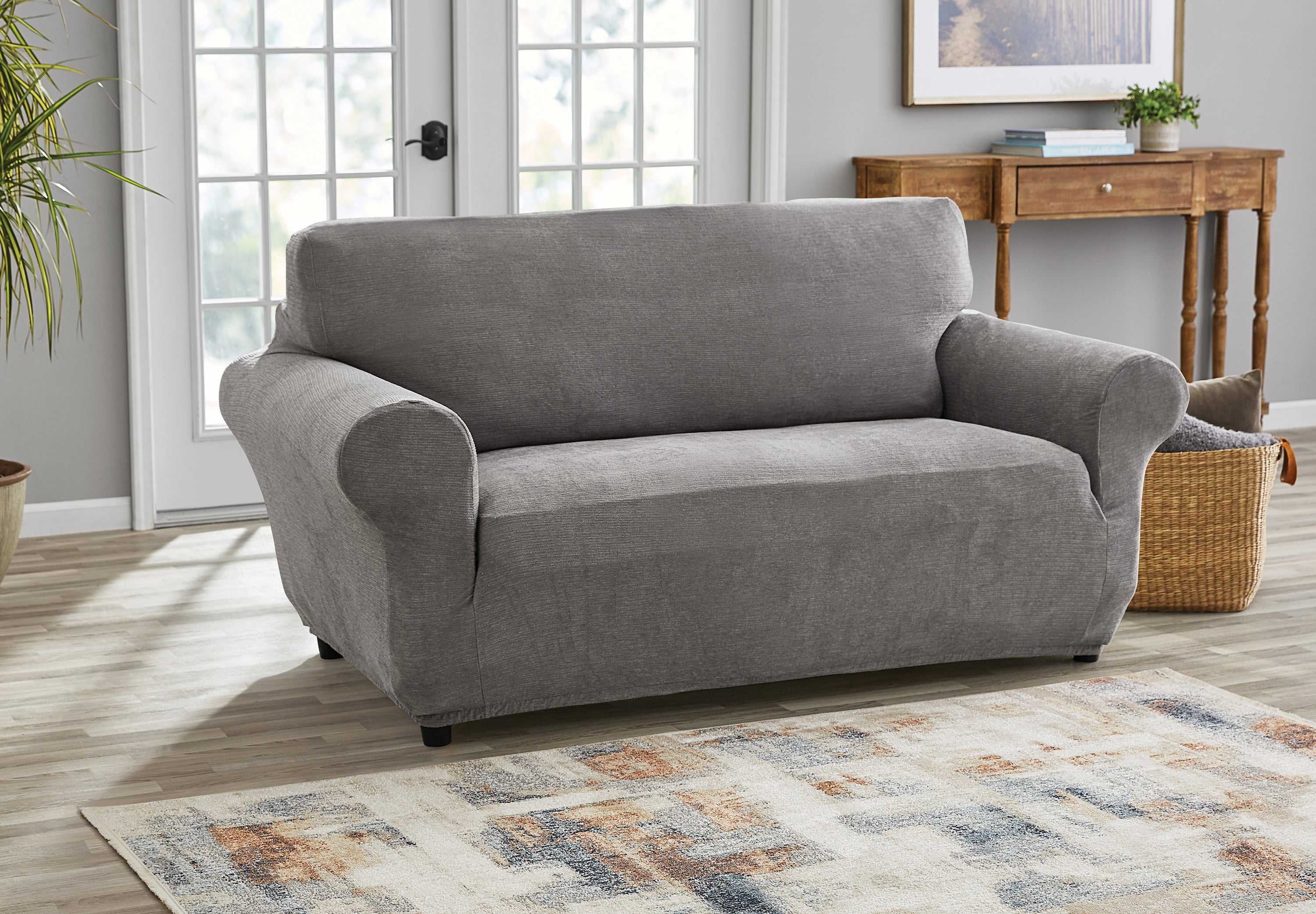 Mainstays Chenille Stretch Fabric Loveseat Slipcover, Grey, 1-Piece