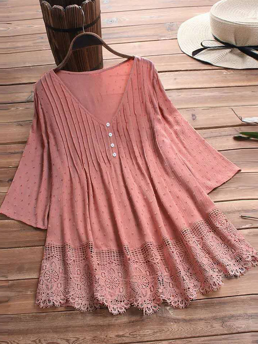 V-neck Casual Loose Lace Panel Sunscreen Mid-sleeve Blouse