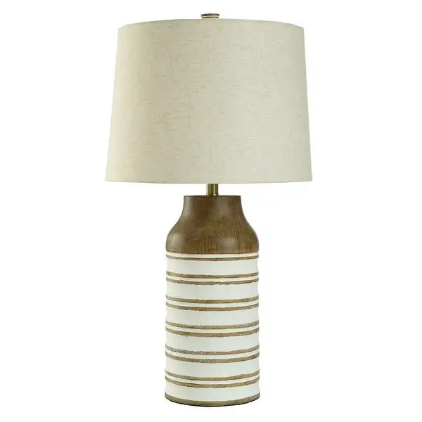 Ballindeny - Farmhouse Table Lamp - Carved Faux Wood - Heathered Oatmeal Shade