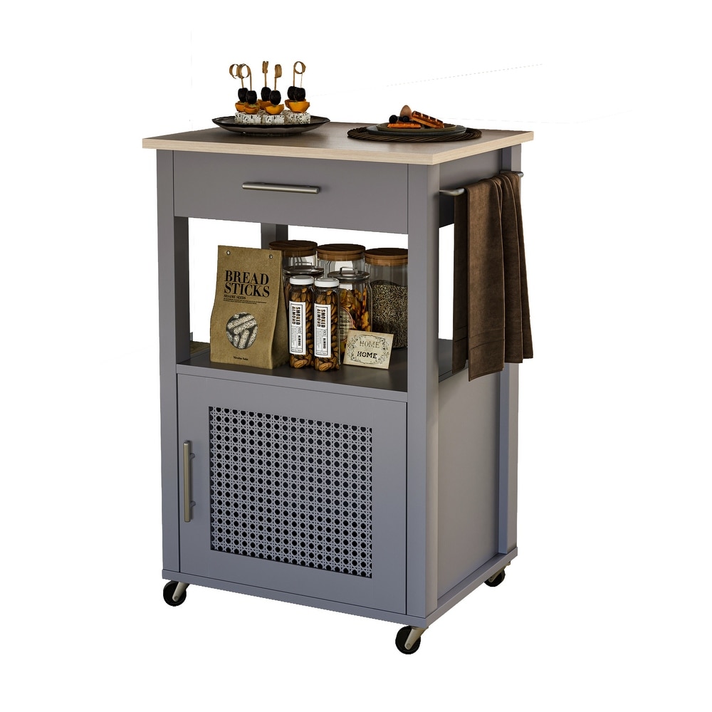 Rolling Rattan Kitchen Cart with Single Door Cabinet and Storage Shelf