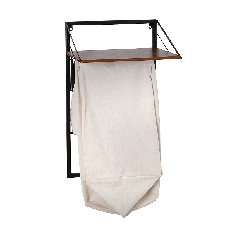 Honey-Can-Do Collapsible Wall-Mounted Clothes Hamper with Canvas Laundry Bag and Wood Shelf