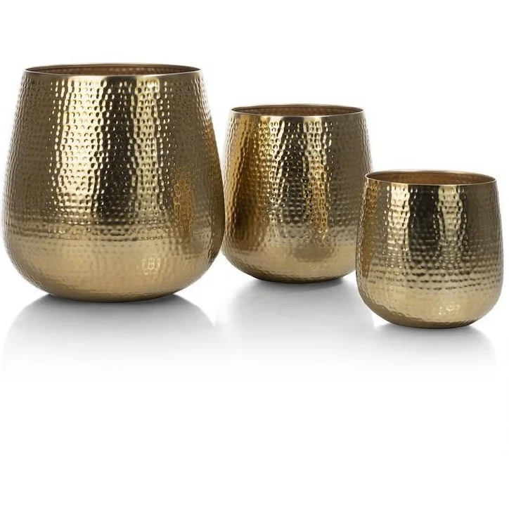 Set of Three Handmade Gold Metal Planters for Garden Home Decorative Plant Flower Pot Luxury Floor Planter