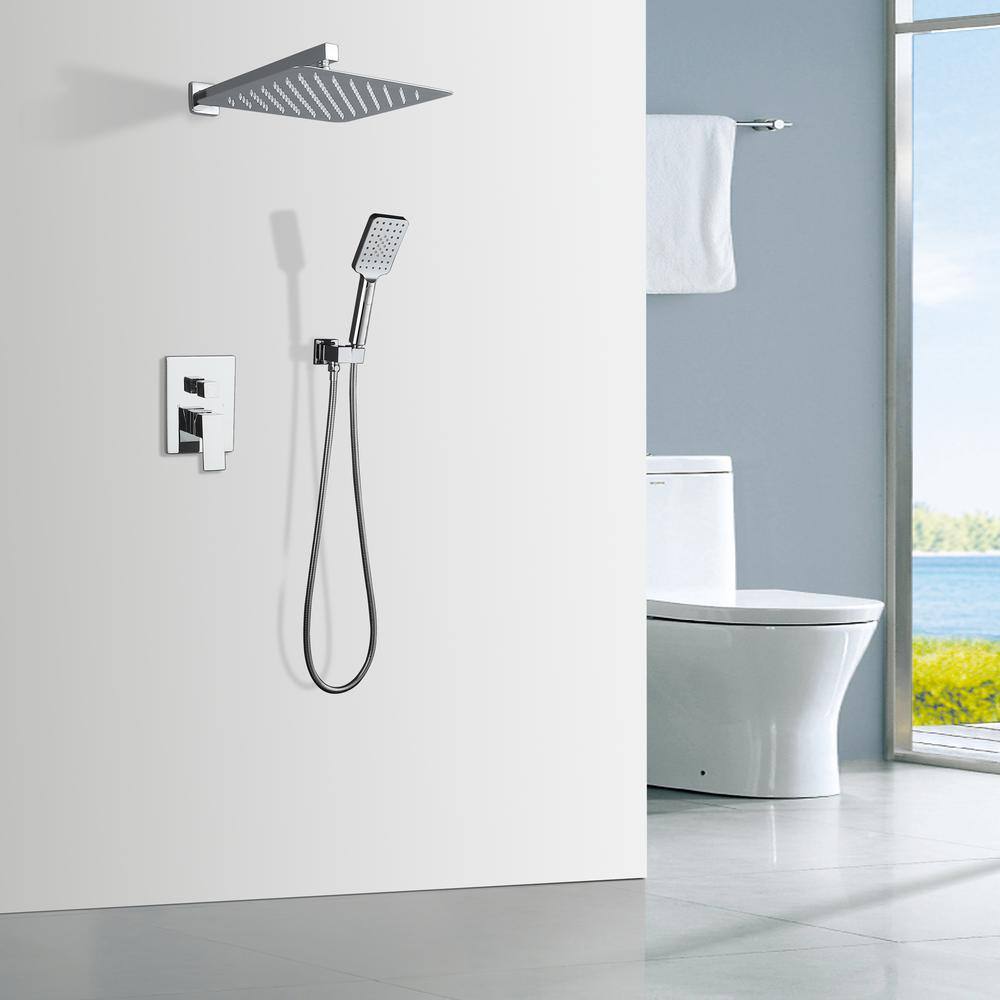 Mondawe Mondawell Square 3-Spray Patterns 12 in. Wall Mount Rain Dual Shower Heads with Handheld and Valve in Chrome MA-D98102CP