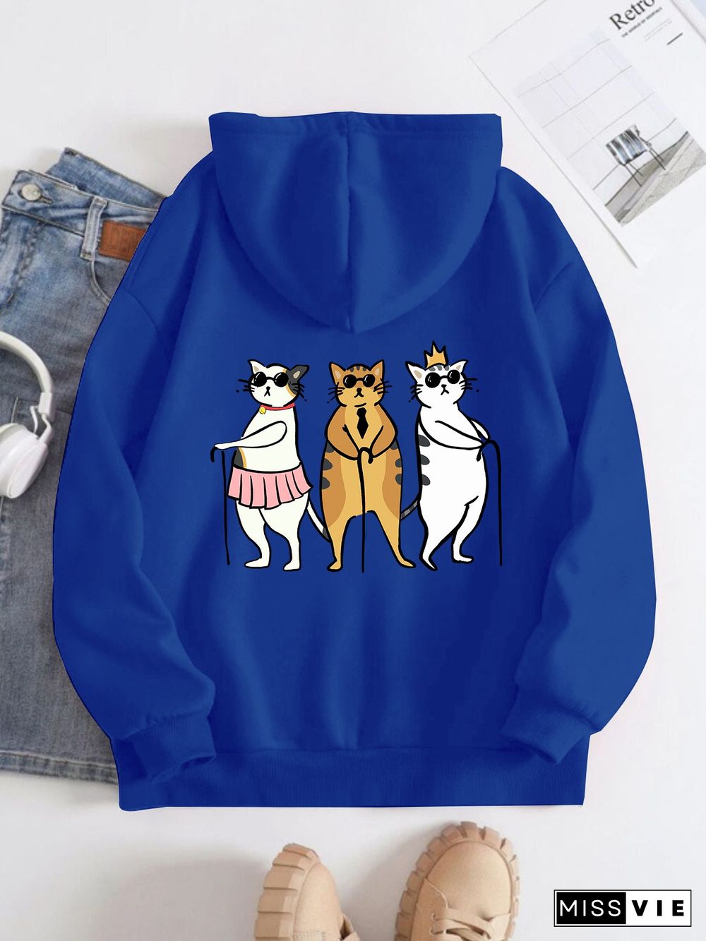 Printed on the Back Kangaroo Pocket Hoodie Long Sleeve for Women Pattern  Three Best Friend Cats