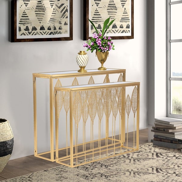 ADECO End Table Set of 2 Gold Leaves Accent Coffee Nightstands Stool