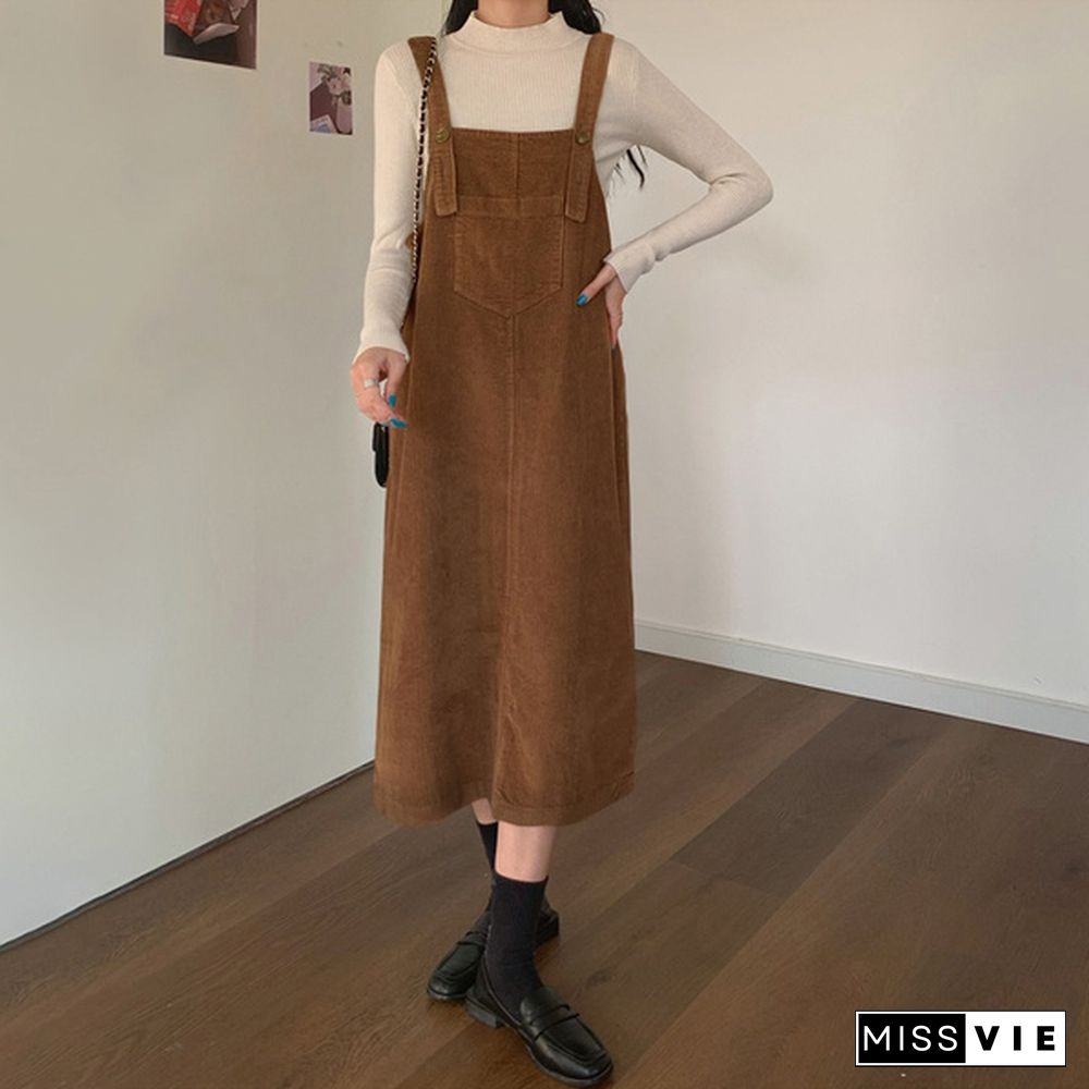 Women Winter Sleeveless Corduroy Casual Loose Warm Midi Tank Dress Sundress